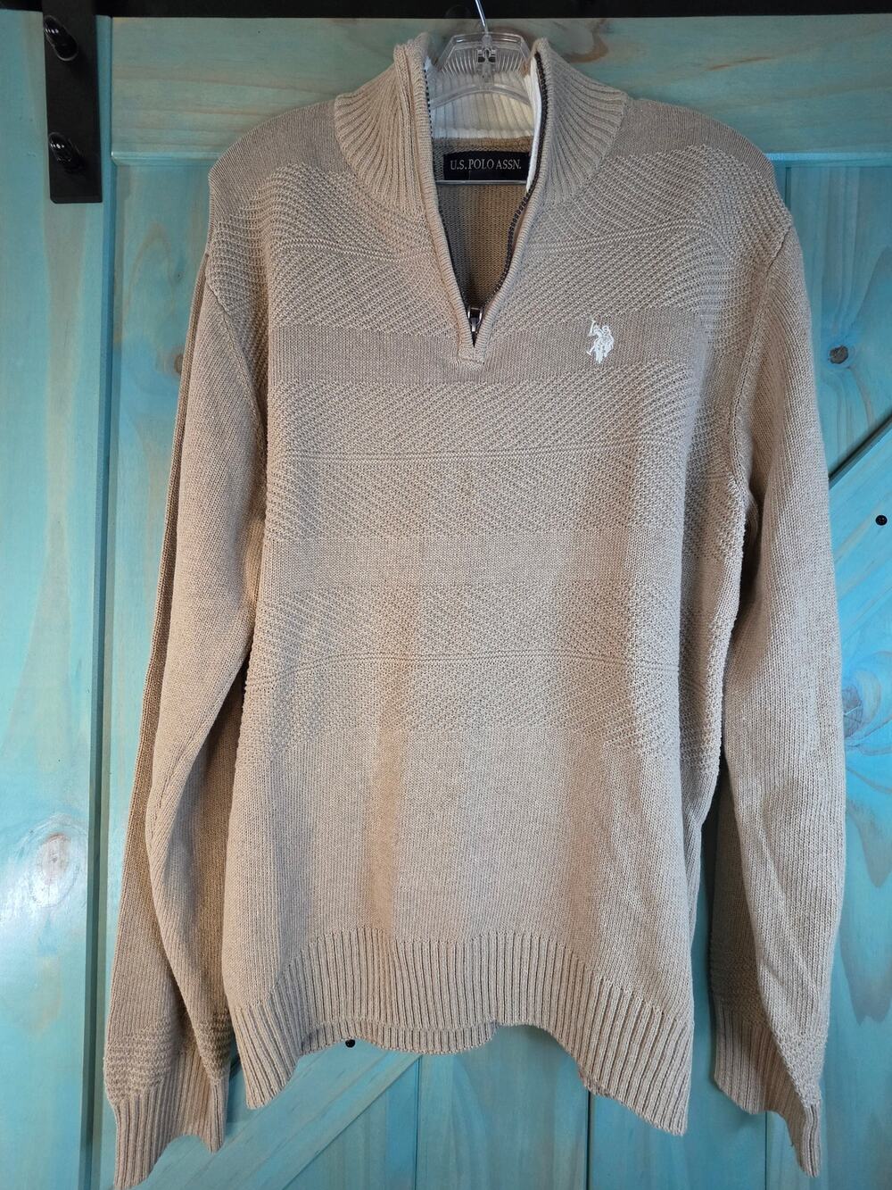 Tan U.S. Polo Assn. Quarter-zip Sweater Textured Knit Classic Logo on Chest